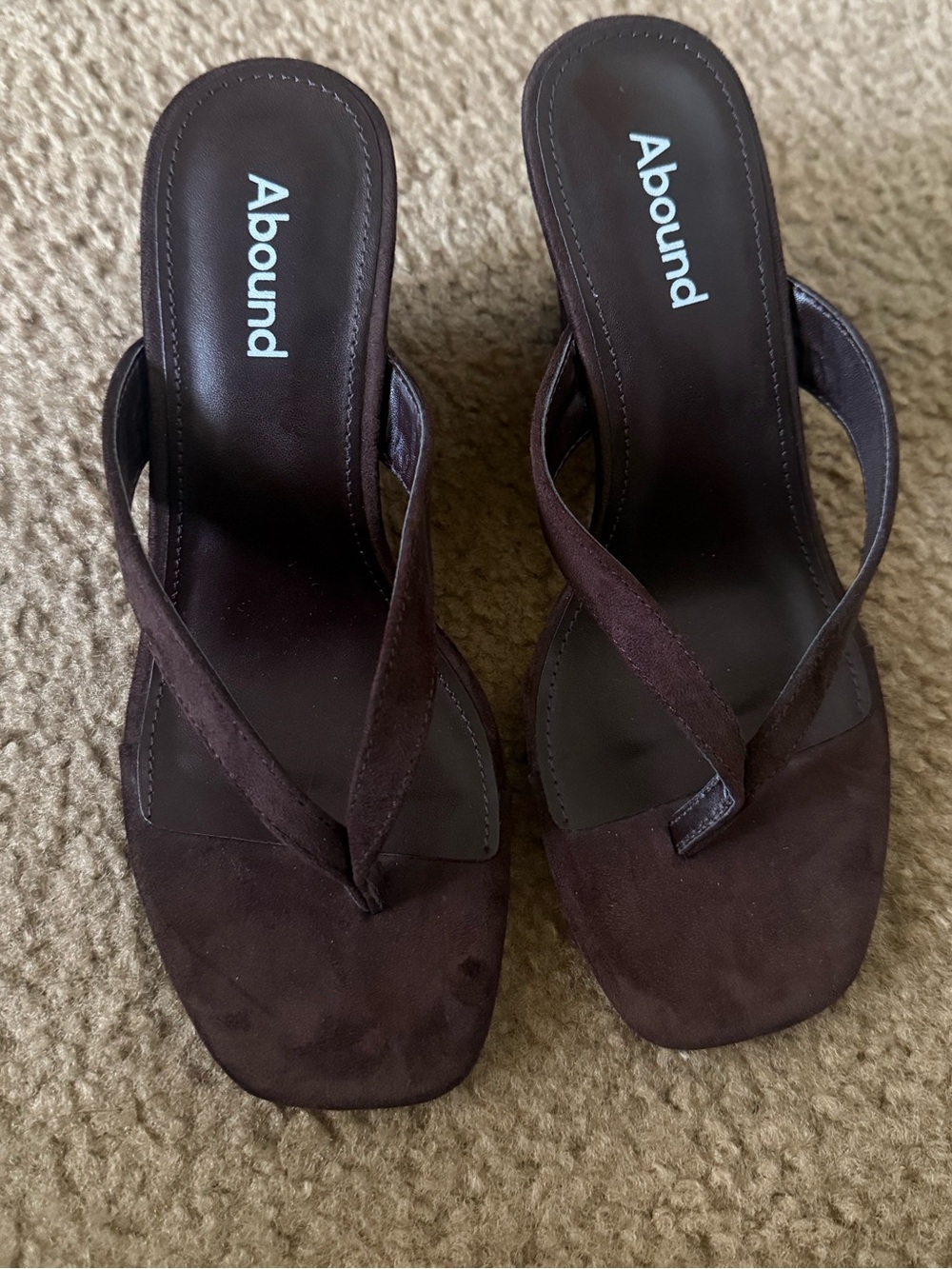 Abound Dark Brown Suede Square-Toe Thong Heels